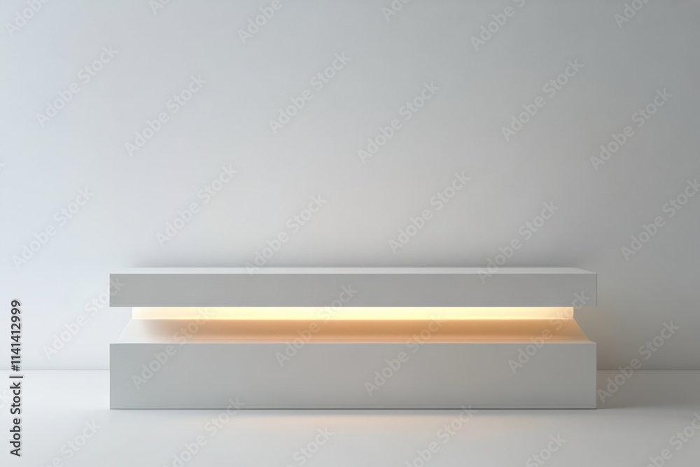 Horizontal white podium with overlapping panels, glowing seamlessly in a white premium backdrop Horizontal white podium with overlapping panels, glowing seamlessly in a white premium backdrop