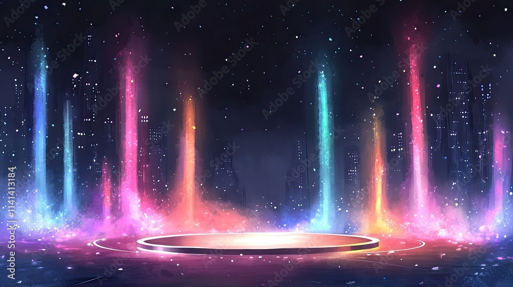 Naklejka premium A futuristic city skyline with glowing neon lights and a circular platform in the center.