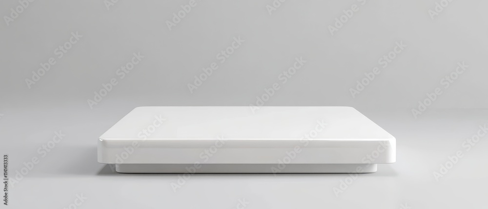 Floating square white podium with beveled edges, pure white infinite space, premium design style Floating square white podium with beveled edges, pure white infinite space, premium design style