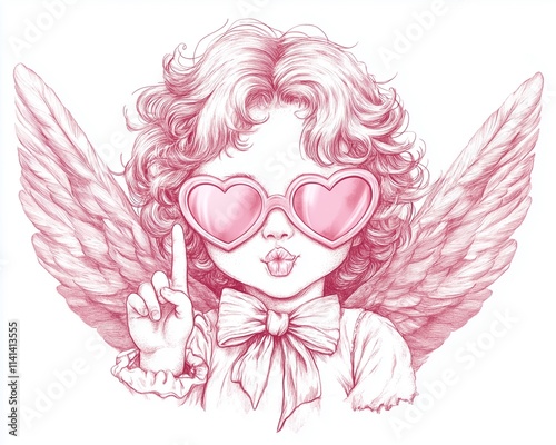 vintage cherub illustration with fluffy. curly hair , wings oversized shiny pink heart-shape sunglasses ,blowing a kiss playful charm. A large neatly tied bow ,raises a hand forming peace sign