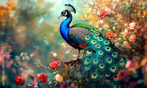vibrant peacock amidst colorful flowers in nature