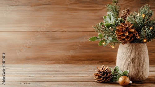A cozy arrangement of pinecones and greenery in a textured vase, set against a wooden backdrop, perfect for seasonal decor.