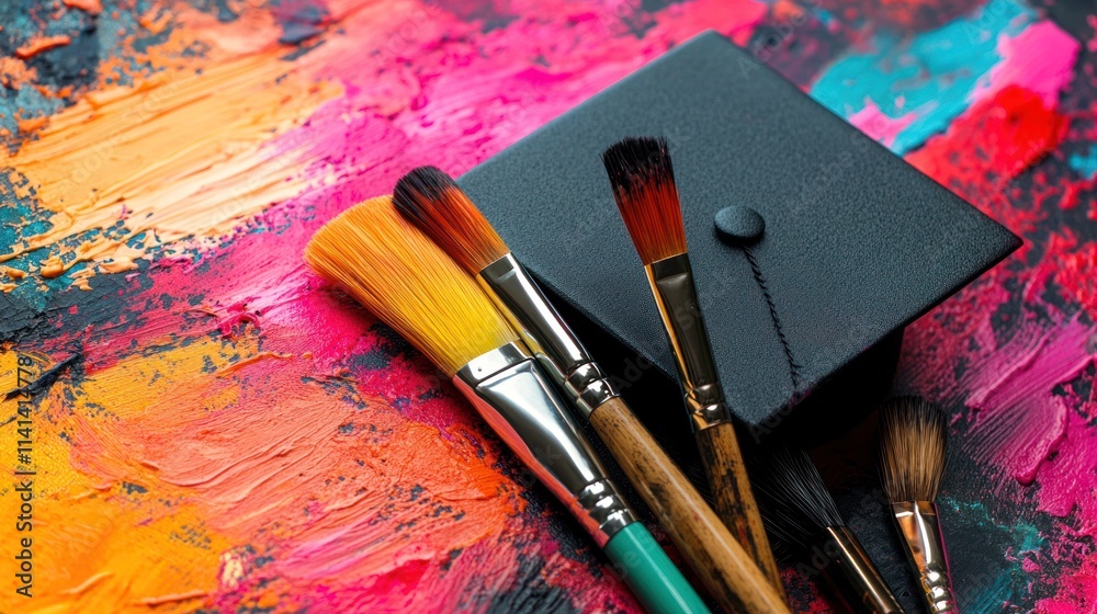 Obraz premium Graduation Cap and Paintbrushes on a Colorful Canvas