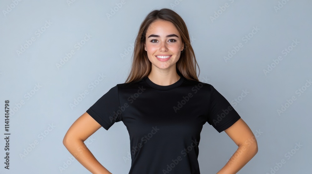 Smiling woman in a black t-shirt against a gray background. Smiling woman in a black t-shirt against a gray background.