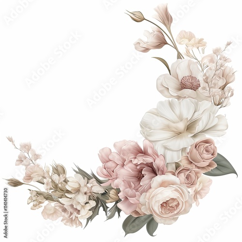 Elegant floral arrangement with soft pastel flowers and leaves, A delicate floral composition featuring pastel roses, peonies, and leaves in soft beige and blush tones, arranged in a romantic and vint photo