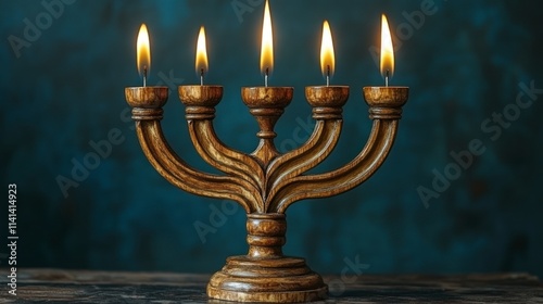 Earthy Simple wooden menorah with a natural finish and simple design, set against a dark green background. photo