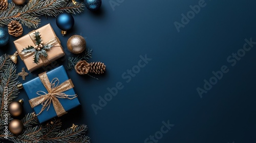 A serene arrangement of holiday gifts, ornaments, and pinecones on a dark blue background, evoking a festive and cozy atmosphere.