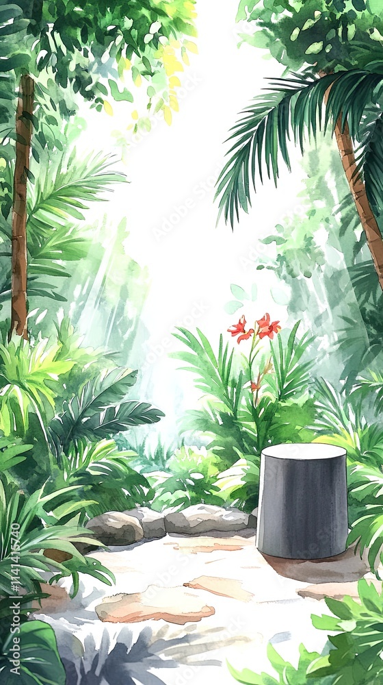 A lush tropical forest scene with a stone path leading to a stone pedestal, surrounded by vibrant green foliage and a bright white sky. A lush tropical forest scene with a stone path leading to a stone pedestal, surrounded by vibrant green foliage and a bright white sky.