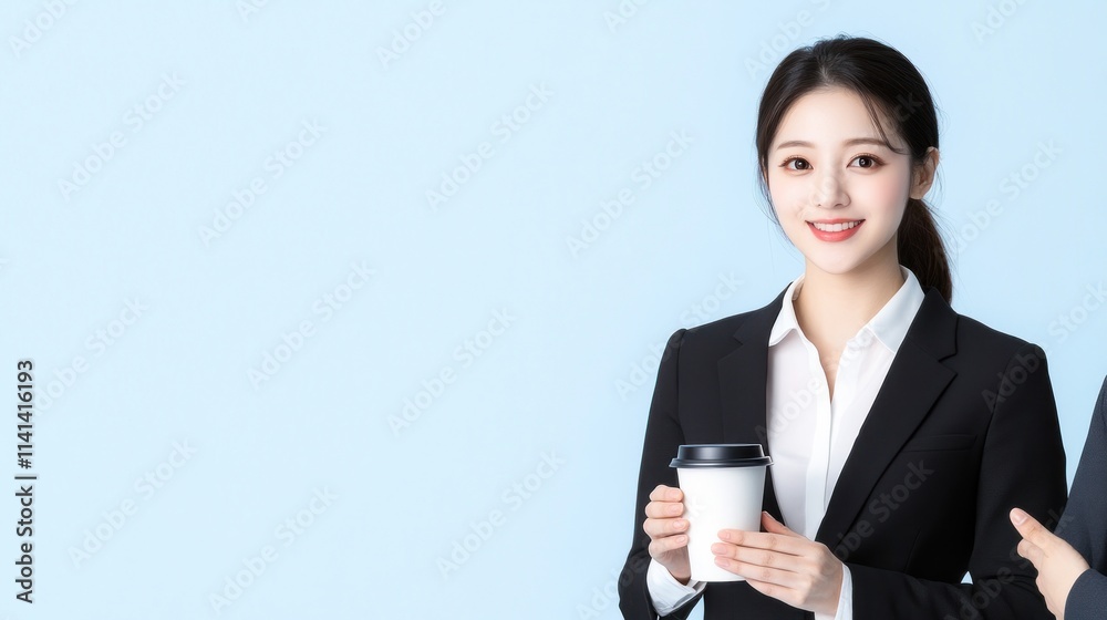 Professional woman holding a coffee cup, smiling against a blue background. Professional woman holding a coffee cup, smiling against a blue background.