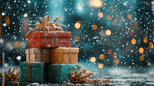 A festive scene featuring stacked Christmas gifts adorned with ribbons, surrounded by falling snow and colorful bokeh lights, evoking a cozy holiday atmosphere.