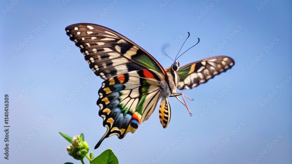 Fototapeta premium A Colorful Butterfly in Flight Against a Blue Sky