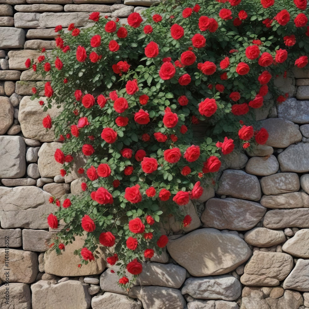 Mature rose bush with vibrant red blooms against a weathered stone wall, flower, blooming flowers Mature rose bush with vibrant red blooms against a weathered stone wall, flower, blooming flowers