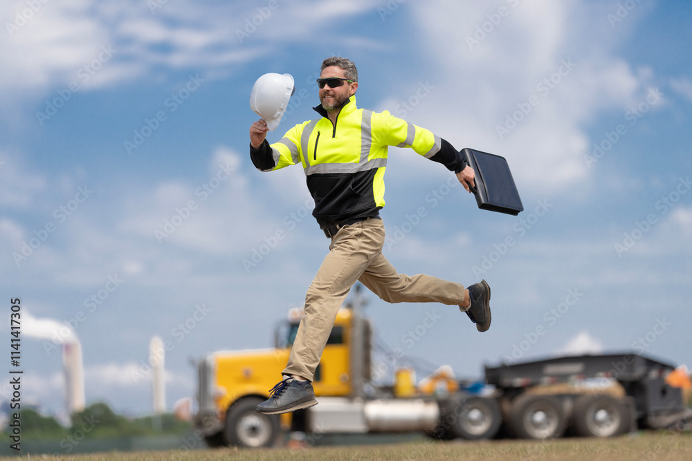 Hispanic man engineer running to success. Builder man run fast to work. Engineer supervisor running outdoor. Supervisor jumping. Working day. Excited builder construction worker jumping at trucks Hispanic man engineer running to success. Builder man run fast to work. Engineer supervisor running outdoor. Supervisor jumping. Working day. Excited builder construction worker jumping at trucks