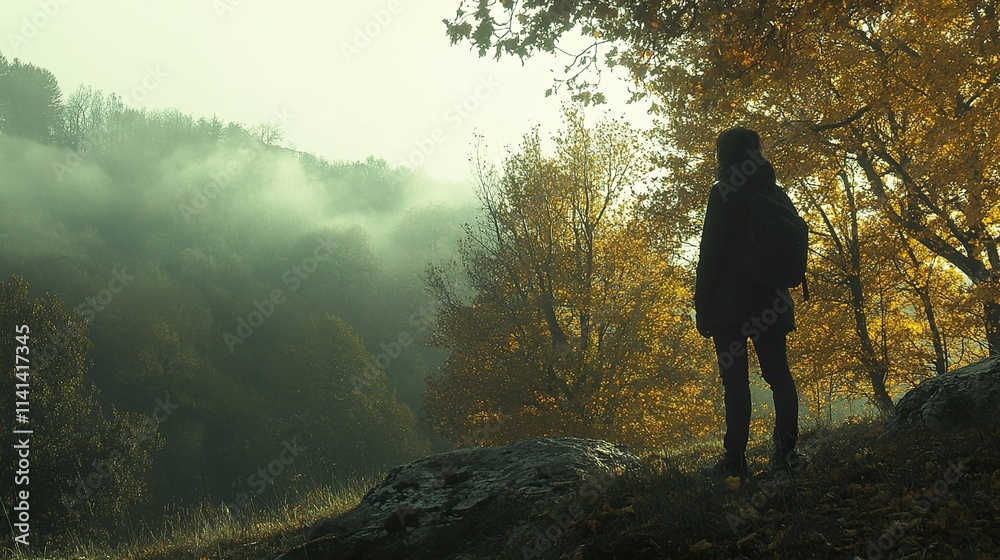 Woman in Foggy Autumn Forest: A Breathtaking Landscape Woman in Foggy Autumn Forest: A Breathtaking Landscape