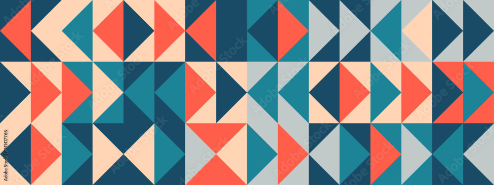 Bright triangle seamless pattern. Abstract geometric mid century background. Colorful Swiss modernist or postmodernist style wallpaper. Vector modular repeating overlay. Colorful mural backdrop 