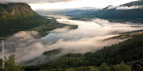Misty fjord valley at sunrise