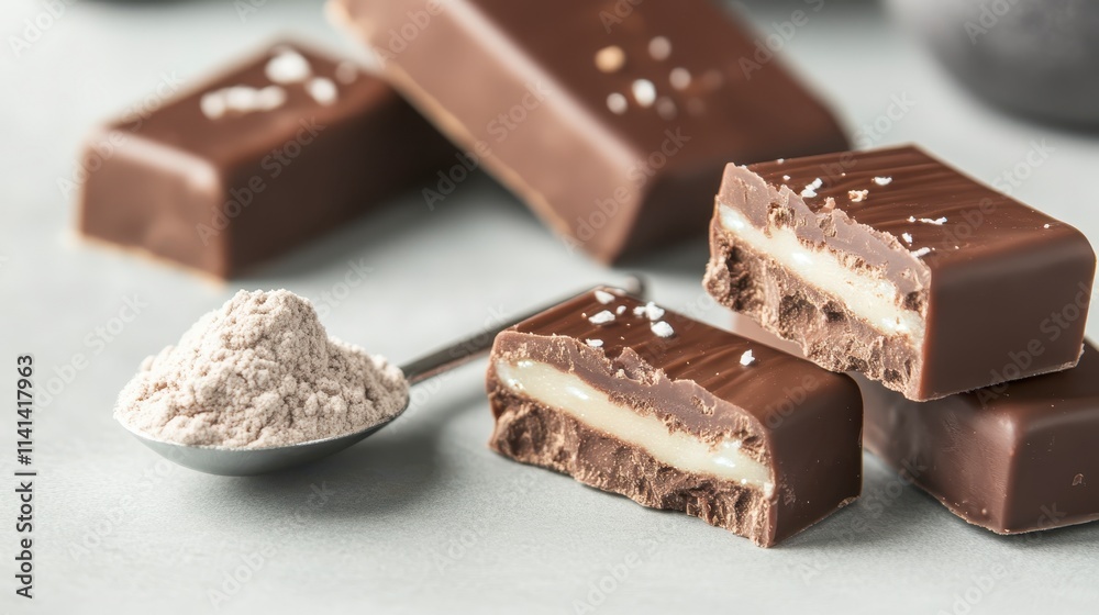 A close-up of chocolate bars with a creamy filling, sprinkled with salt, next to a spoonful of powder, set on a light-colored surface. A close-up of chocolate bars with a creamy filling, sprinkled with salt, next to a spoonful of powder, set on a light-colored surface.
