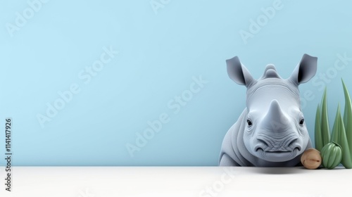 Cute cawaii Cartoon 3d Rhinoceros Banner with Space for Copy 3d render illustration.  photo