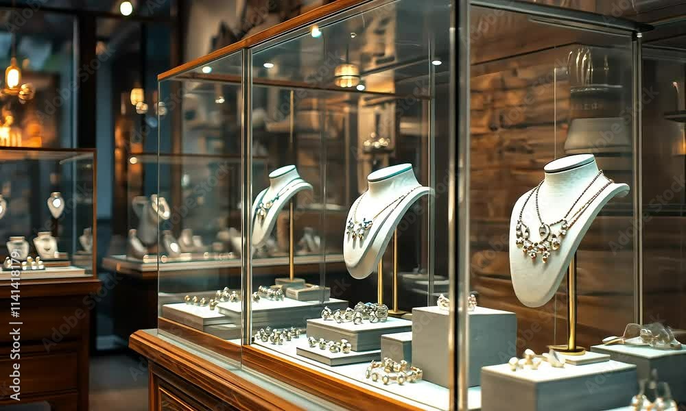 Elegant showcase of luxury jewelry in a refined boutique, featuring exquisite necklaces, earrings, and rings illuminated by soft ambient lighting, creating a captivating atmosphere with ai generated.