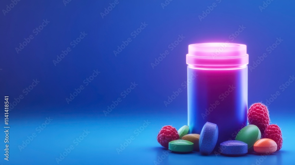 A vibrant jar filled with colorful gummies surrounded by raspberries, set against a striking blue background. A vibrant jar filled with colorful gummies surrounded by raspberries, set against a striking blue background.