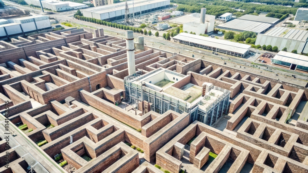 Aerial View of a Brick Labyrinth with Surrounding Buildings Aerial View of a Brick Labyrinth with Surrounding Buildings