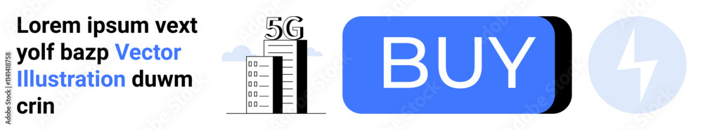 Text content, 5G network tower, buy button, and lightning icon. Ideal for telecommunications, e-commerce, technology, digital marketing, fast connectivity, user interface, and modern landing page Text content, 5G network tower, buy button, and lightning icon. Ideal for telecommunications, e-commerce, technology, digital marketing, fast connectivity, user interface, and modern landing page