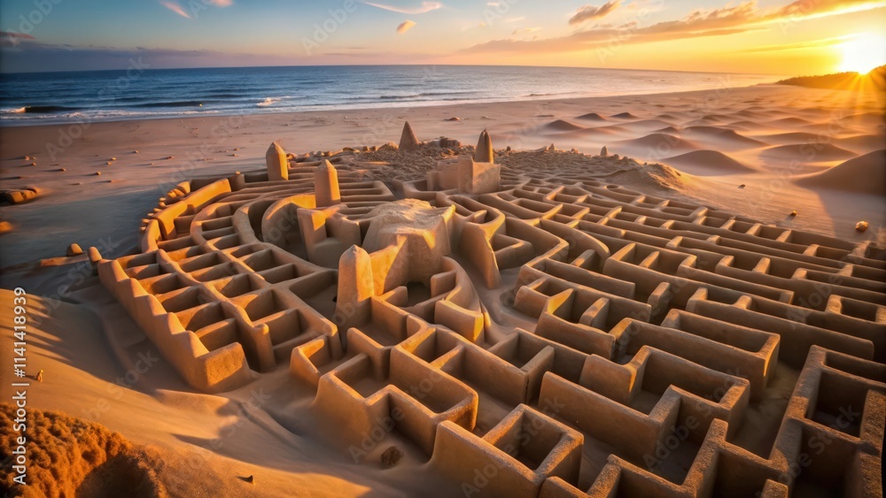 Fototapeta premium Sandcastle Maze at Sunset on a Beach