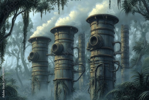 Industrial Structures Surrounded by Lush Jungle Landscape