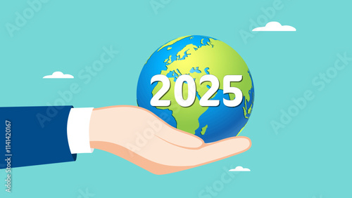 Sustainable environment development goals on 2025 new year, ESG, SDGs, net zero, sustainability management environmental for save world, emission carbon neutral, hand carrying a globe with year 2025
