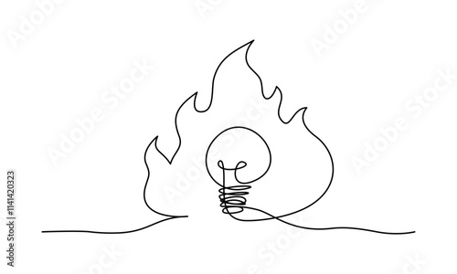 Continuous line art of a light bulb in bonfire, editable stroke.