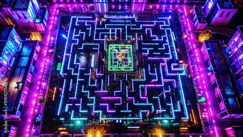Aerial View of a Neon Lit Maze in a Cityscape
