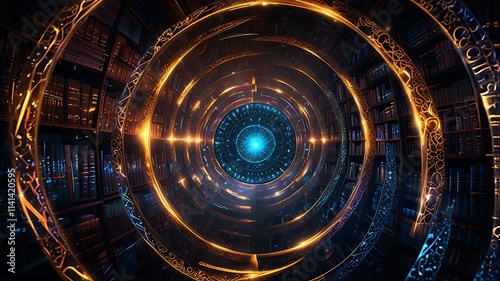 Abstract arcane nexus gradient with celestial glowing streams of energy converging into a dynamic central hub