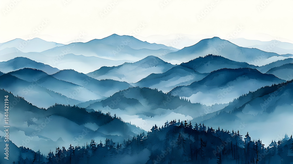 Misty Blue Mountains Watercolor Landscape Painting