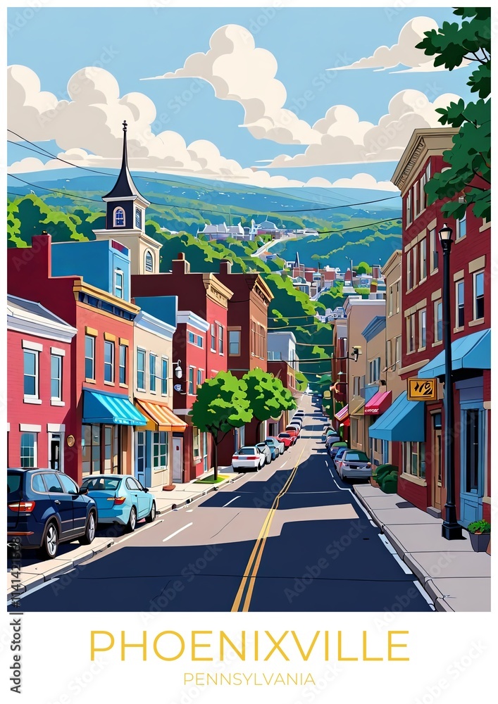 Naklejka premium Phoenixville Pennsylvania Eco Friendly Travel Poster Illustration Retro Wall Art Print Decor Gift