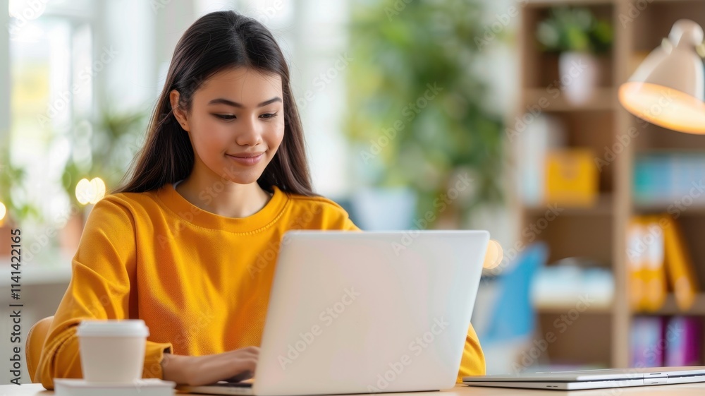 A young woman in a yellow sweater works on her laptop in a bright, green, indoor space, focused and engaged in her task. A young woman in a yellow sweater works on her laptop in a bright, green, indoor space, focused and engaged in her task.