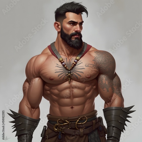 Muscular Warrior Portrait: A depiction of a strong, shirtless warrior with intricate tattoos, a distinctive necklace, and armored gauntlets, exuding power and masculinity.