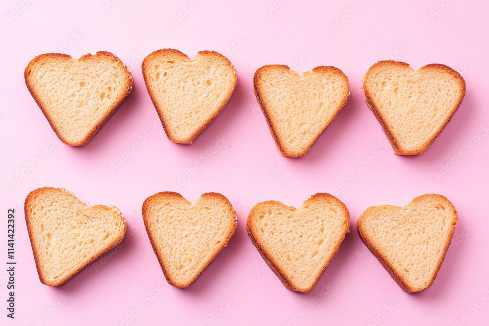 Heart-shaped bread slices arranged neatly on a pink background for Valentine's Day celebration Heart-shaped bread slices arranged neatly on a pink background for Valentine's Day celebration