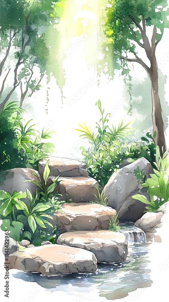 A stone path leads to a small waterfall in a lush, green forest. The sun shines through the leaves, creating a magical atmosphere.