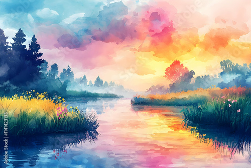 Vibrant Sunset River Landscape, Colorful Nature Scene, Tranquil Waters, Serene Beauty, Magical Sky, Peaceful Mist, Lush Greenery,  Golden Hour,  Forest Reflections, Dreamy Colors photo