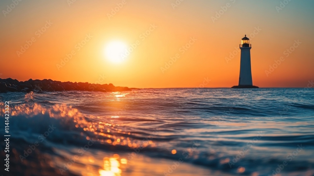 Fototapeta premium Sunrise Over Lighthouse and Ocean
