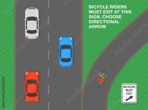 Safe driving tips and traffic regulation rules. United States "bicycles must exit" sign meaning. Top view of a cyclist exiting the highway. Flat vector illustration template.