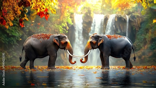 Two Majestic Elephants in Autumn Landscape with Waterfall and Vibrant Foliage