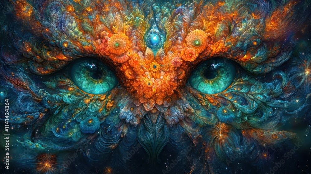 Obraz premium Cosmic owl, vibrant teal, orange fractal.