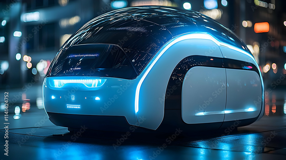 Futuristic Vehicle Design: Autonomous Pod in City at Night