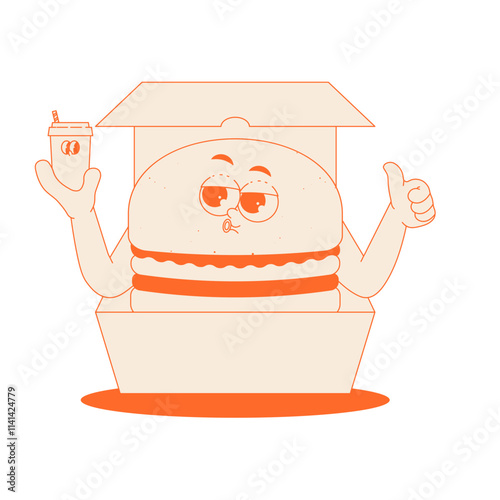 Funky burger character with drink in lunch box in trendy retro groovy style. Psychedelic fast food mascot with face and hands. Cool vector sticker in monochrome palette