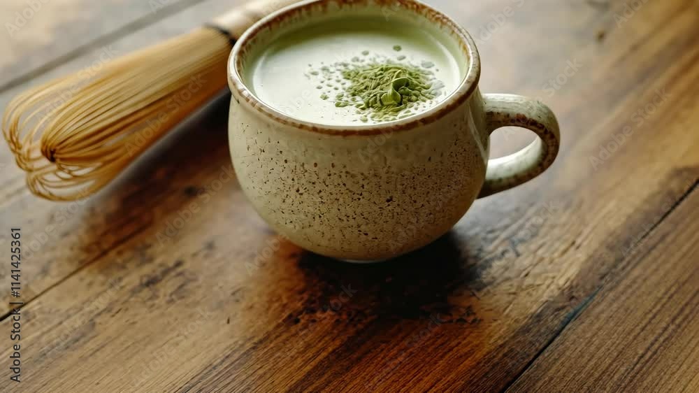 A cup of green tea with a bamboo whisk next to it