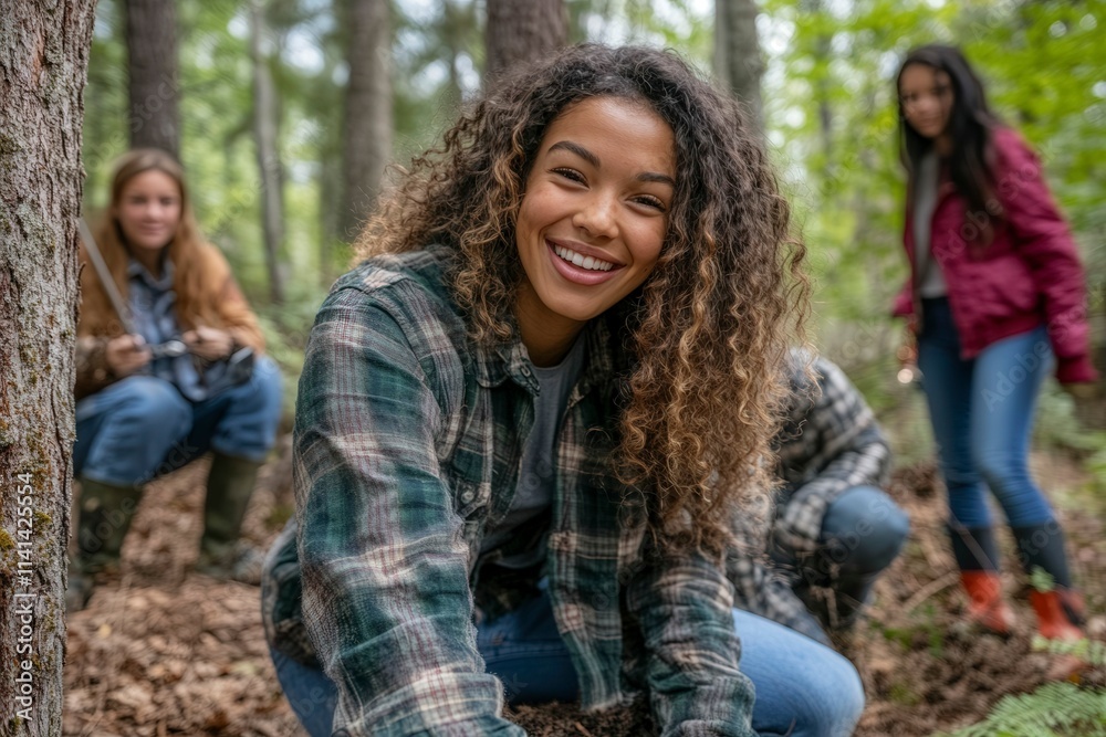 Smiling Girl Engaging in Outdoor Activity with Friends Smiling Girl Engaging in Outdoor Activity with Friends
