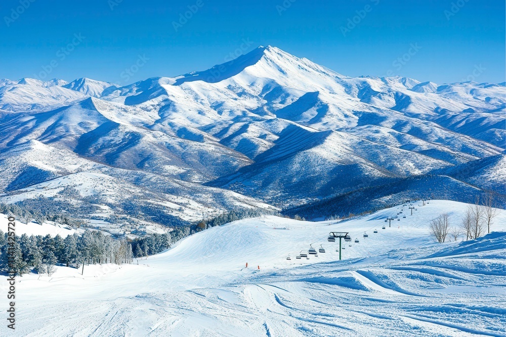 Fototapeta premium Snowy Mountain Landscape with Clear Blue Sky