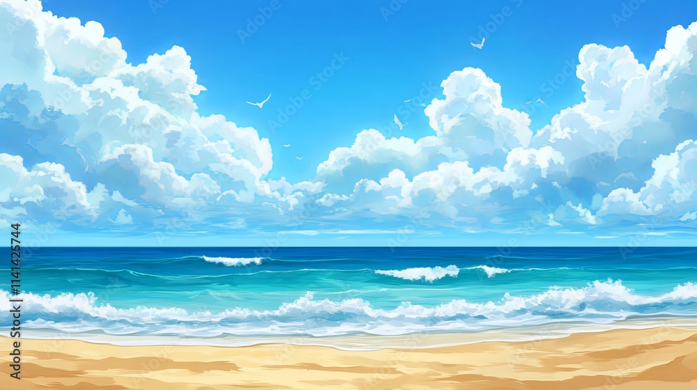 Obraz premium Tranquil beach scene with soft sand, calm sea, and clear blue sk