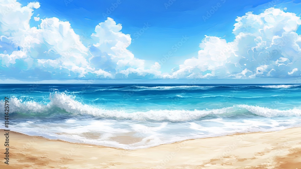 Tranquil beach scene with soft sand, calm sea, and clear blue sk Tranquil beach scene with soft sand, calm sea, and clear blue sk